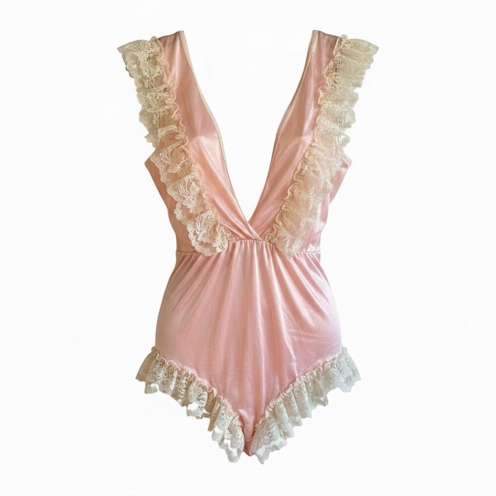 Vintage 80s Lady Cameo Pink Nylon Lace Teddy Bodysuit Coquette Lingerie Med